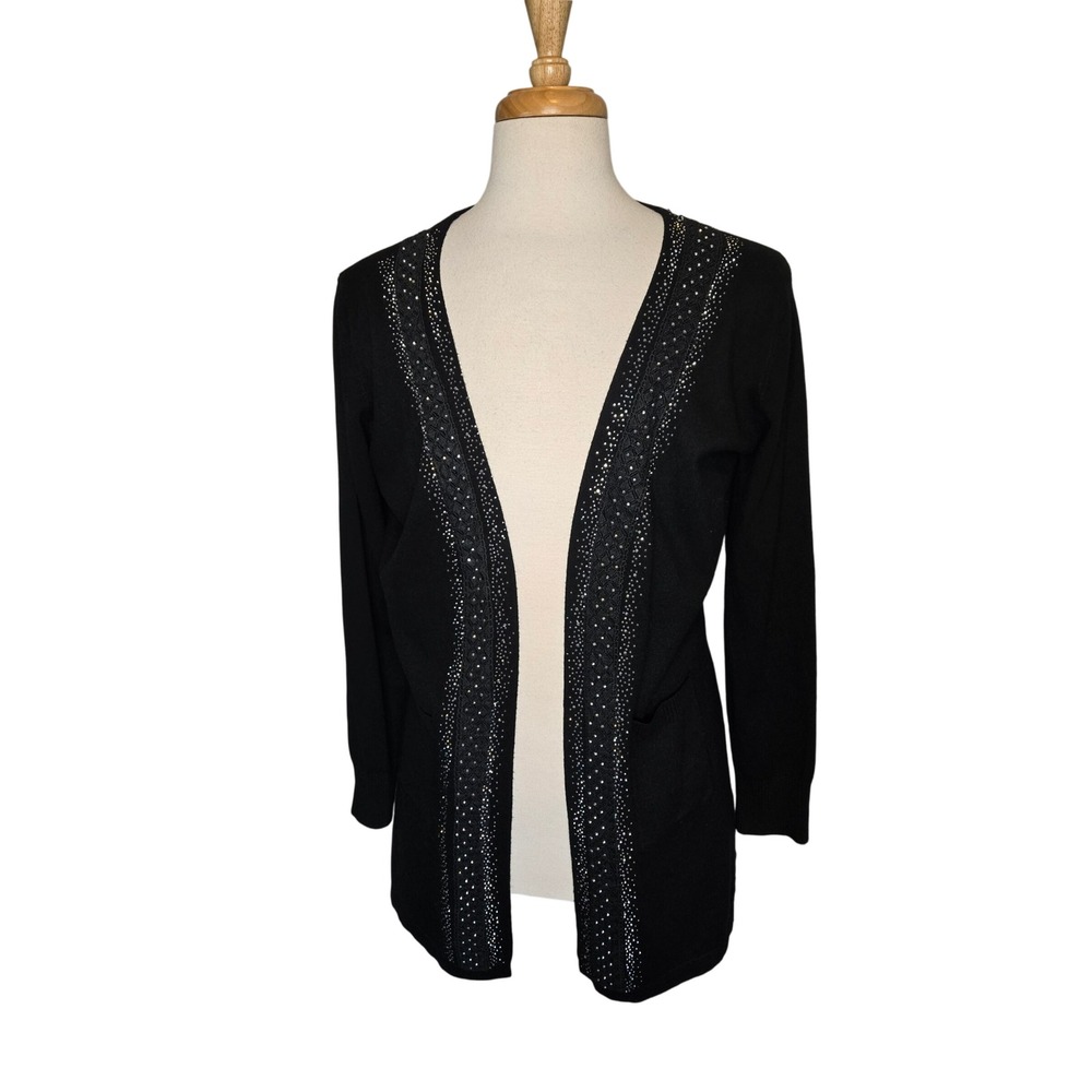 Black Rhinestone Embellished Open Front Cardigan Sweater M Glam Sparkle Party - Picture 2 of 8